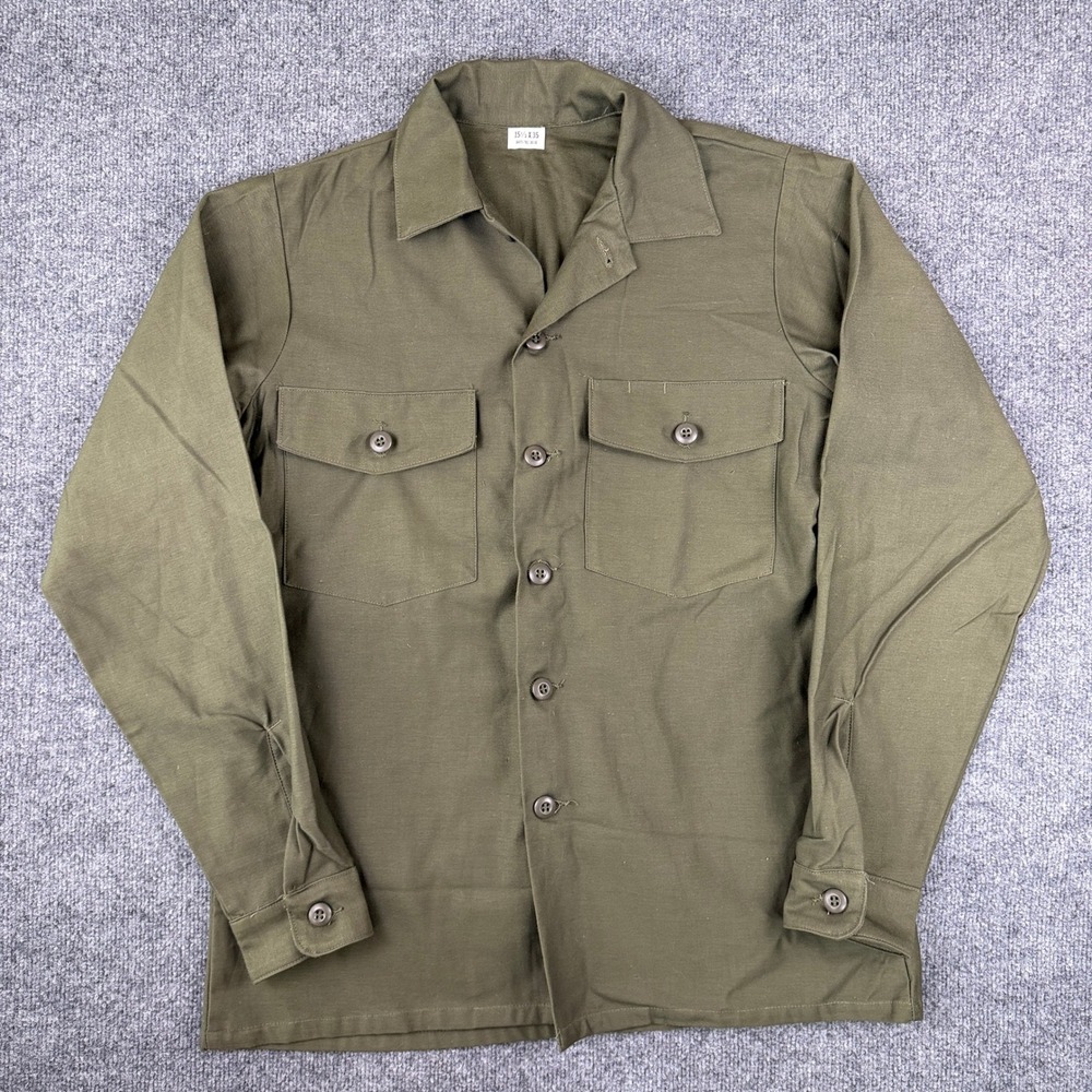 VTG 70s US Military OG-107 Utility Shirt Mens 15.5 L Green Sateen Vietnam Unworn